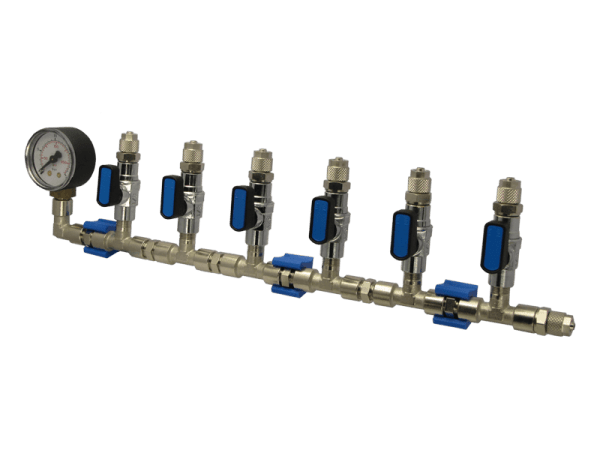 Sechsfach - Schlauchverteiler mit Manometeranzeige